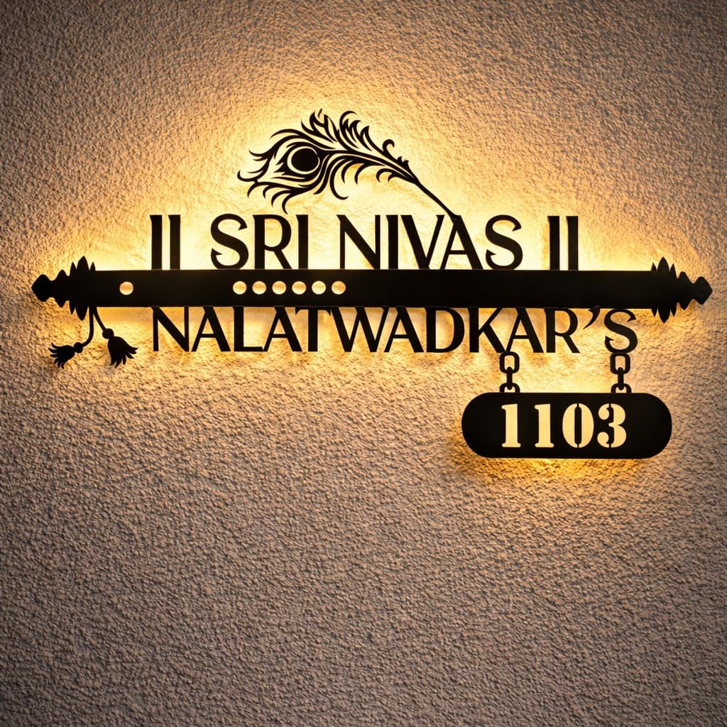 Customized LED Backlit Metal Nameplate for Home | Peacock Feather Design | Personalized House Name Plate with Door Number | Warm White Light | Black Laser Cut Sign-image-34