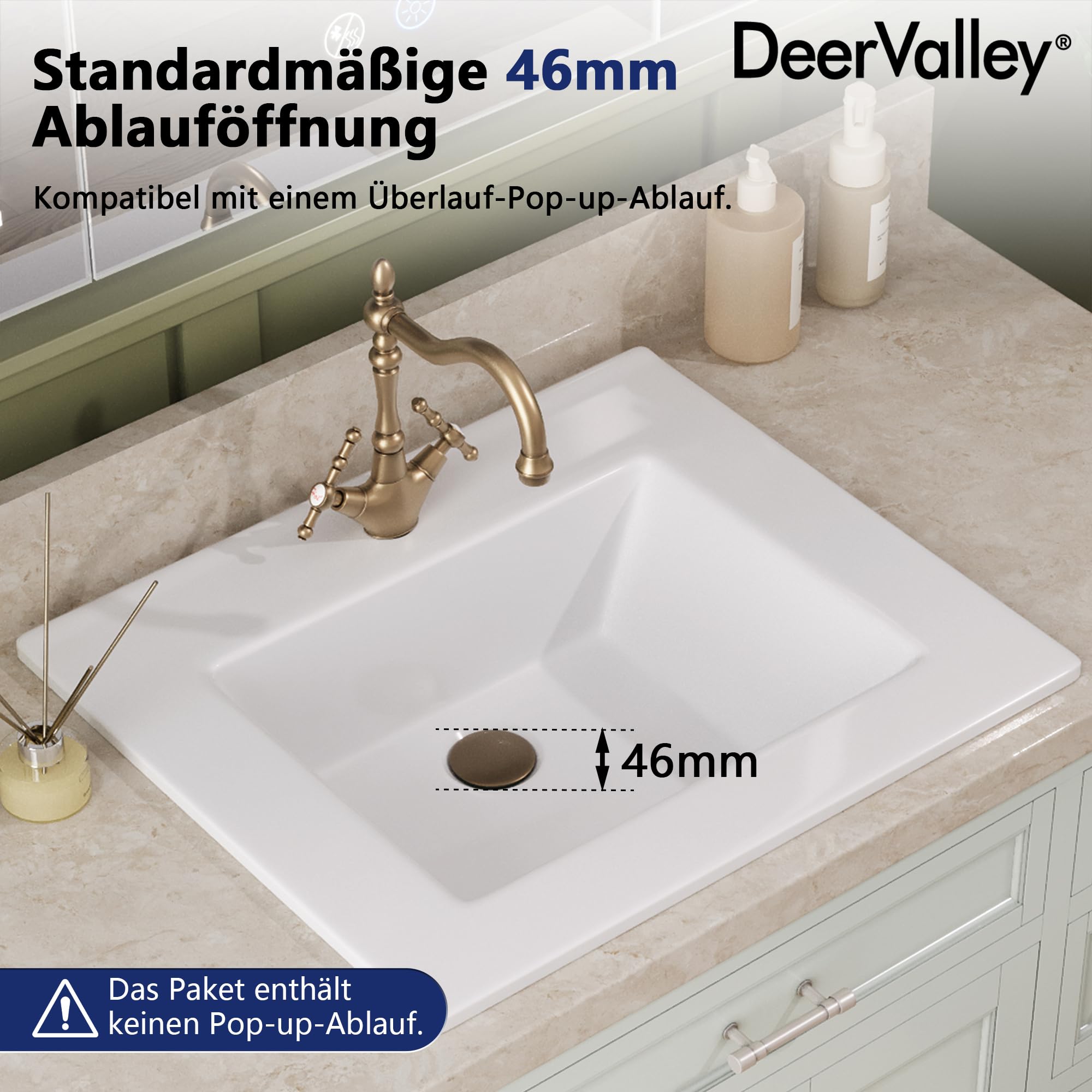 DeerValley Lavabo empotrable rectangular de cerámica con rebosadero de 53 x 46 cm