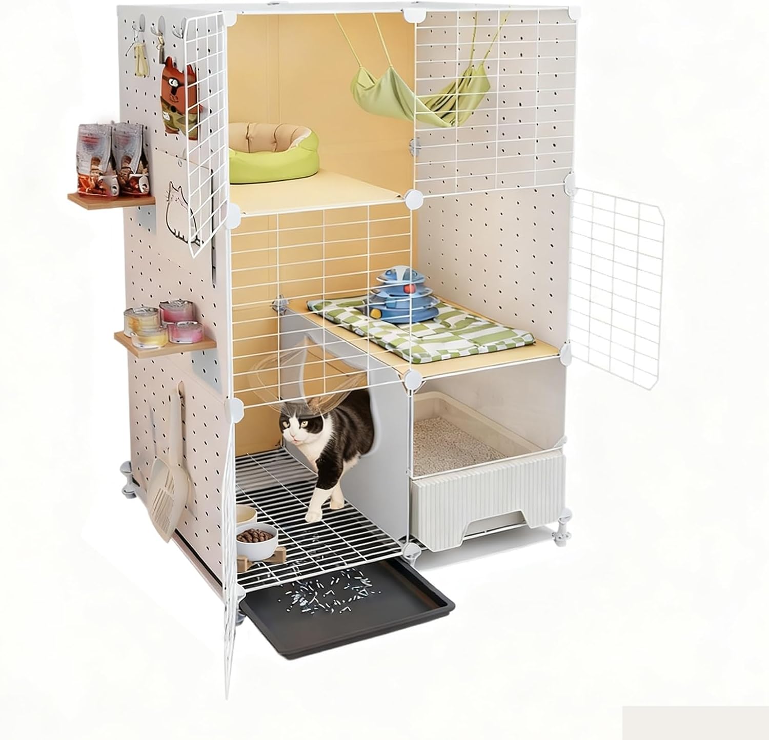 Indoor Cat Cage with Litter Box, Pull-Out Tray, Iron Wire Frame with PP Panels, Multi-Level Zones Pet Playpen for Apartments/Small Homes(72x36x113cm)