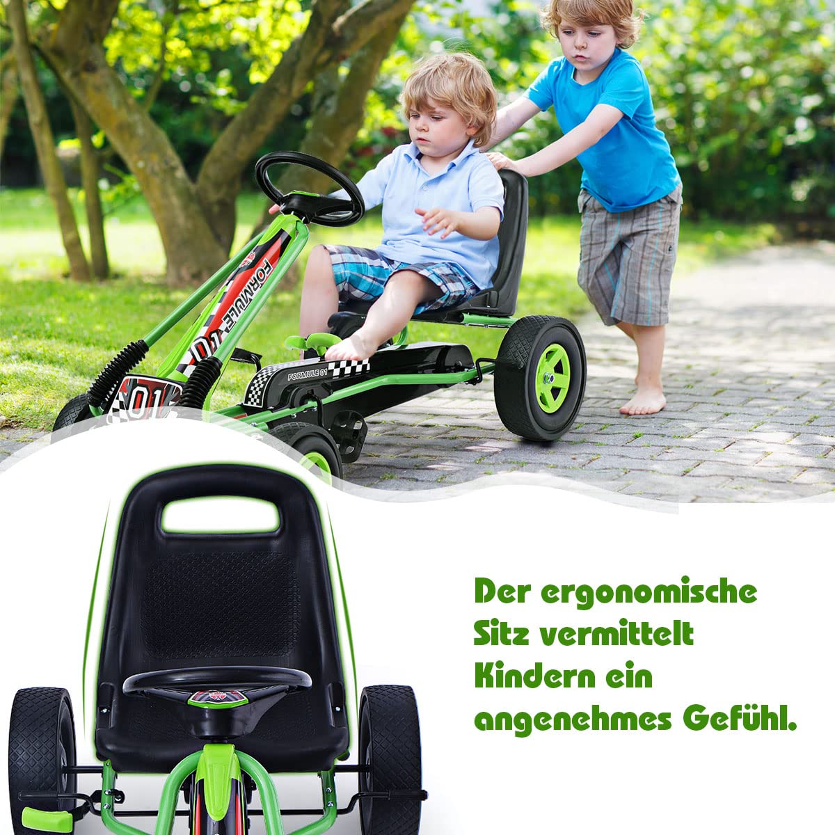 GOPLUS Gokart ab 3 Jahre, Go Kart mit verstellbarem Sitz, Vor- und Rückwärtsgang, Tretauto mit Gummi Räder, Flexible Kupplung und Handbremse, Kinderfahrzeug für Kinder 3-8 Jahren (Grün)