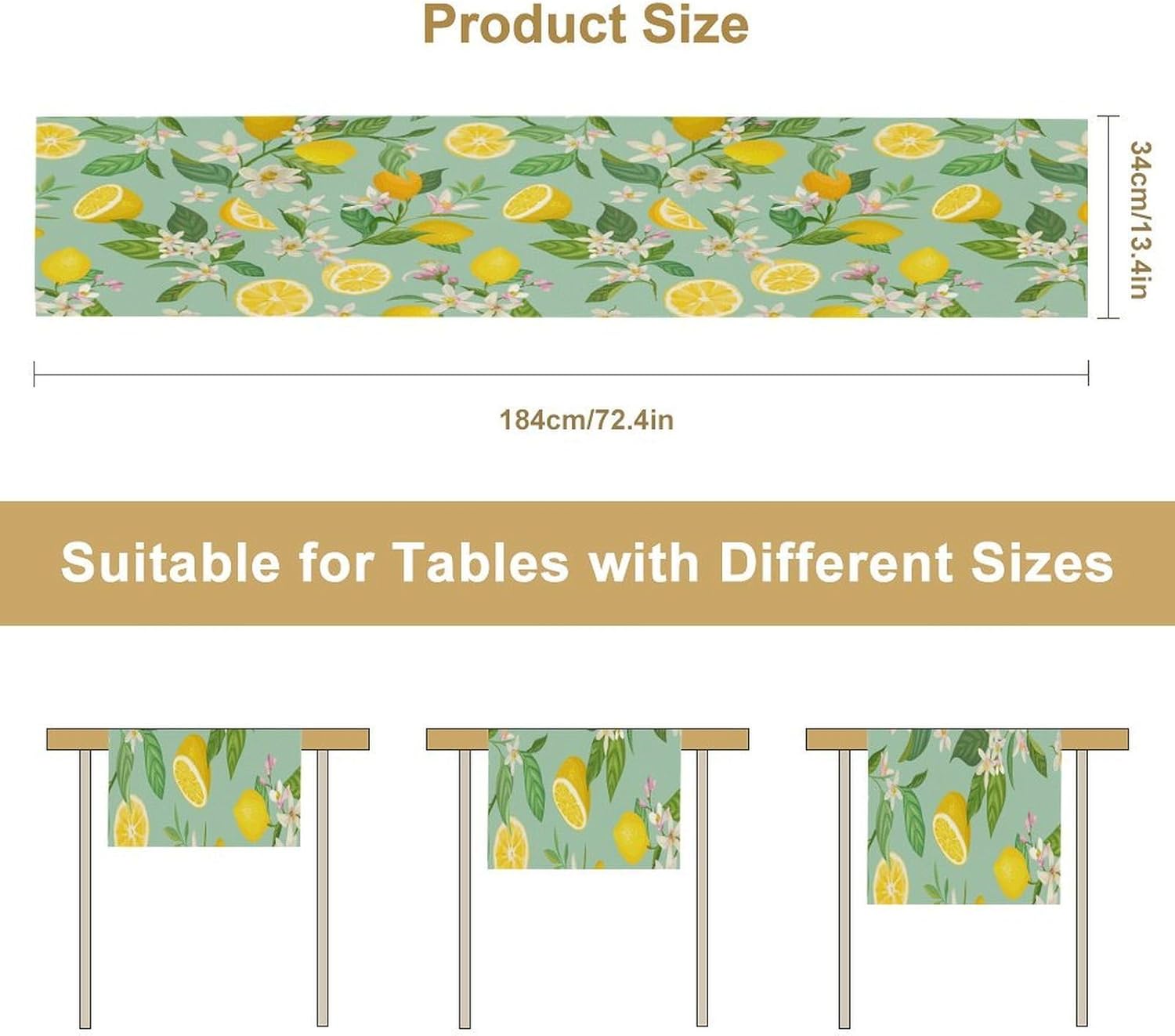 Bohemian Fruit Table Runner, Modern Cyan Green Watercolor Hand Drawn Lemon Plants Floral Leaves Seamless Pattern Table Decoration for Party Living Room Kitchen Dining Coffee Table 13x108in x1 Panel