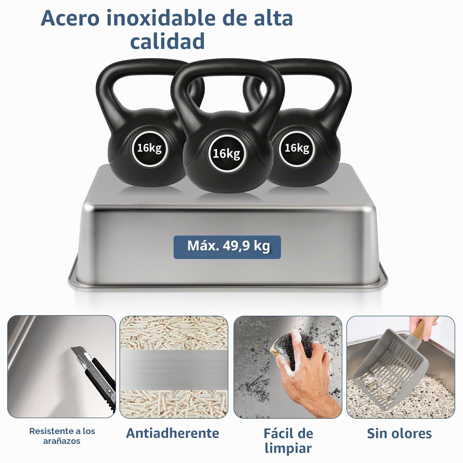 Caja de Arena para Gatos XXL de Acero Inoxidable con Tapa, 3 in 1 Arenero de Gato Grande, Caja de Arena metálica Cerrada de Gran Capacidad de 35L con Pala, Antifugas, Inodora y Fácil Limpieza