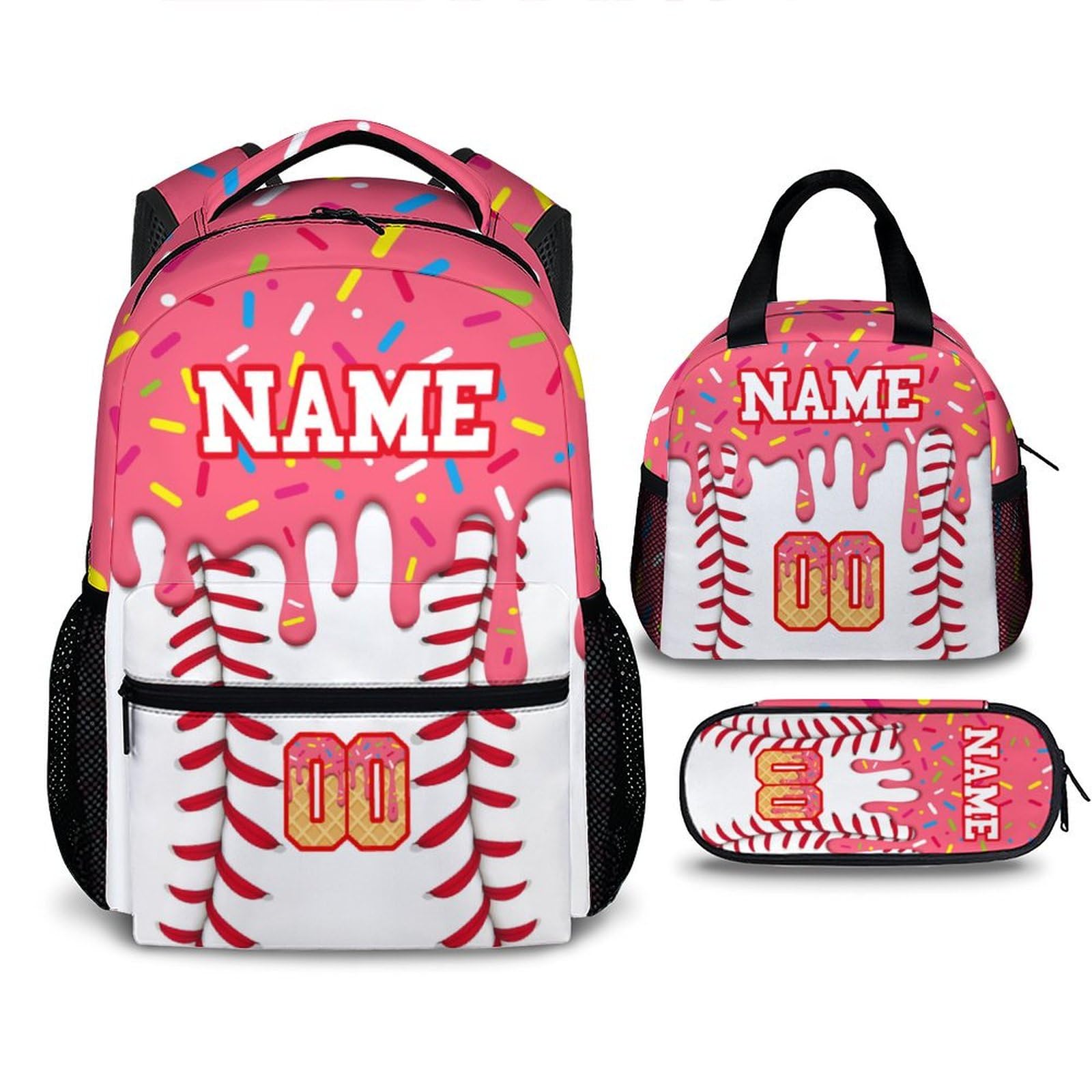 Kids Backpacks for Girls Personalized Baseball Drip Backpack Pink 3Pcs Set 17 Inch Ice Cream Baseball Schoolbag for