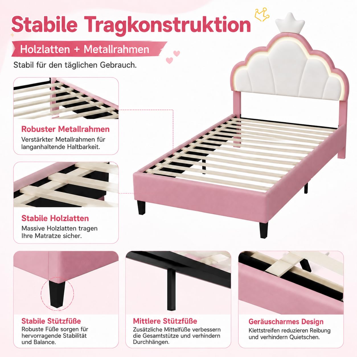 Letto per bambini imbottito 140 x 190 cm, letto matrimoniale a LED per ragazza, telaio letto con testiera regolabile in altezza a forma di corona e rete a doghe, letto da bambina giovane in velluto