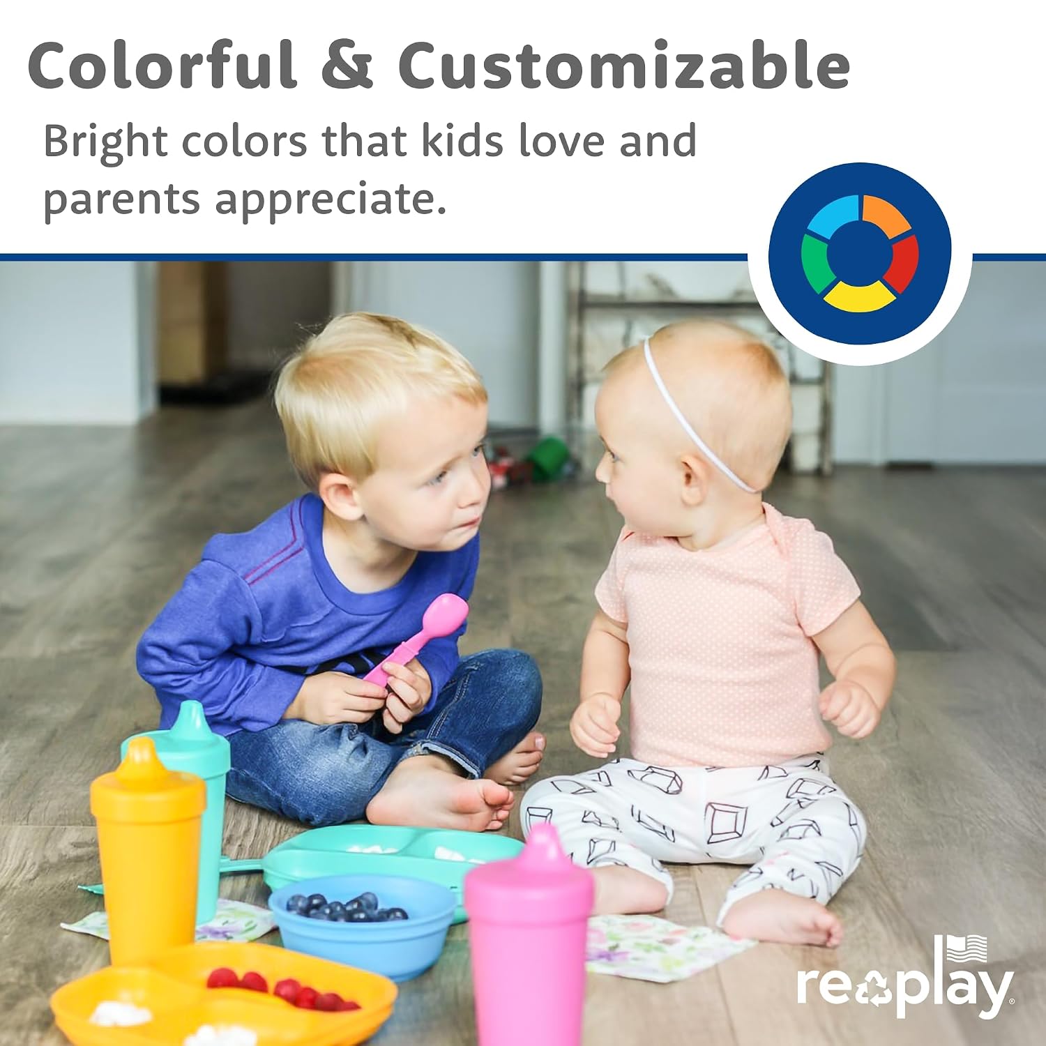 Re-Play Dinnerware Set for Toddlers - Set of 6 Deep-Walled 3 Compartments Divided Plates, 6 Deep-Walled Snack Bowls and 6 Spill-Proof Sippy Cups, Dishwasher & Microwave Safe - Made in USA - Sorbet