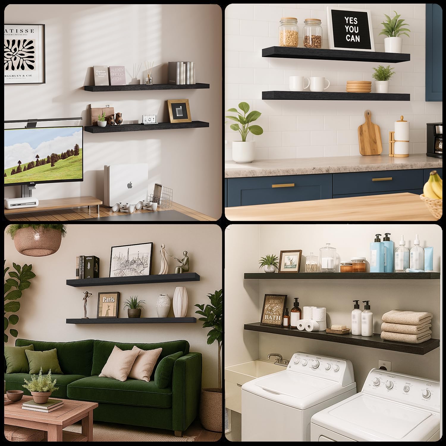 Floating Shelves for Wall, Bathroom Shelves Over Toilet, Wall Shelves & Book Shelf for Room, Hanging Shelf, Modern Wooden Mounted Floating Shelves, 36x7x1.5 in (Black, Set of 2)