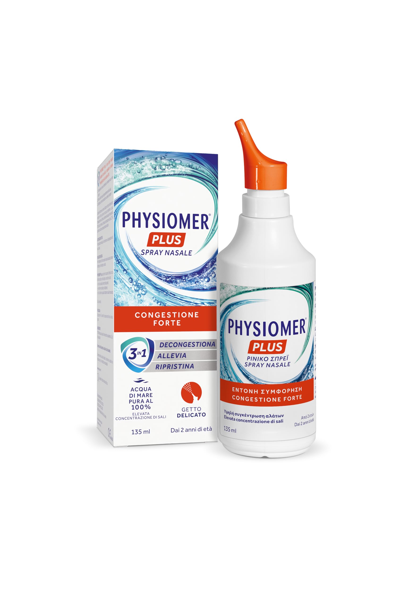 Physiomer Plus Spray Nasale 135 ml - Congestione Forte - 3in1 Decongestiona Allevia Ripristina - Acqua di mare pura al 100% Elevata concentrazione di Sali