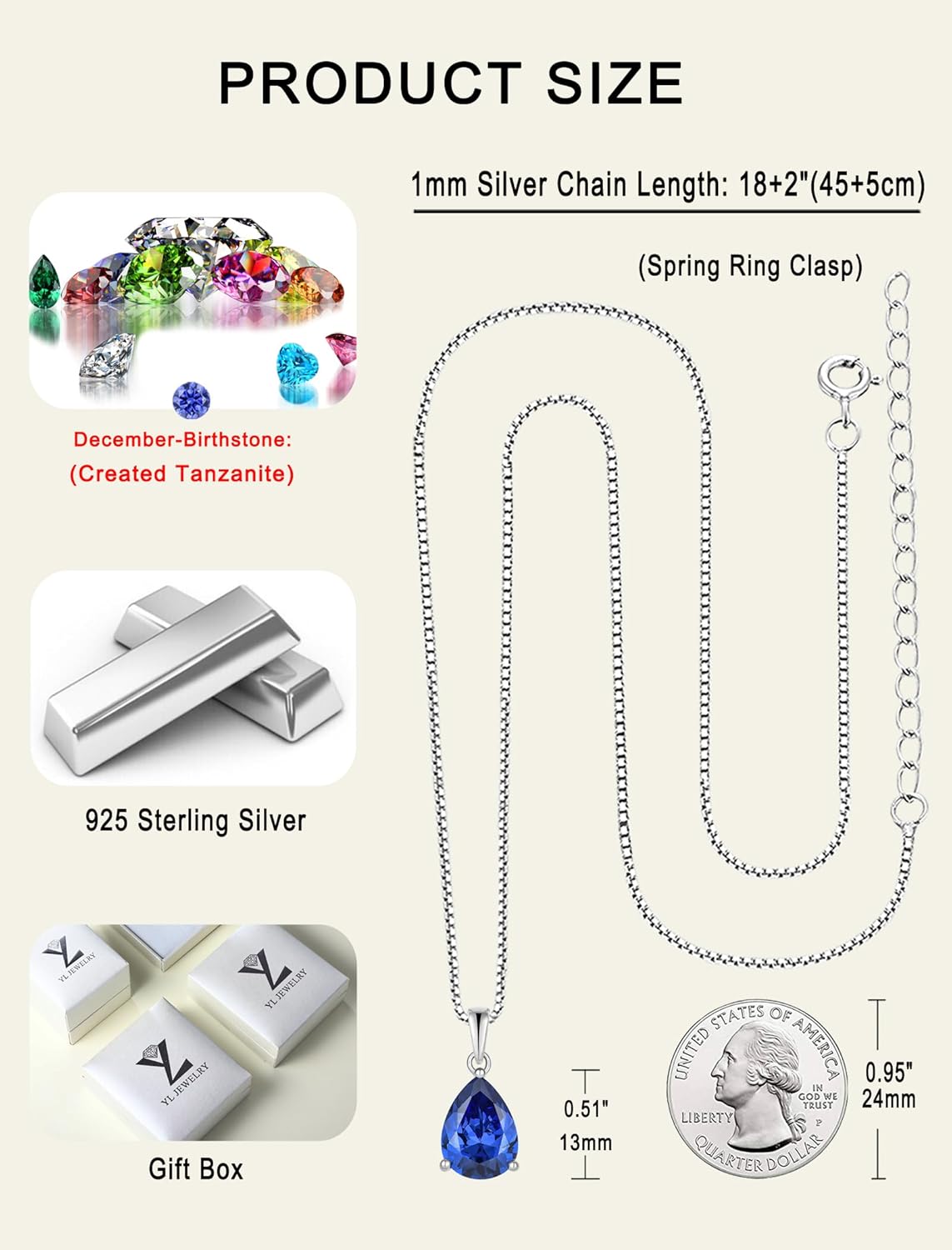 YL Teardrop Necklace 925 Sterling Silver Solitaire Pendant 9x12 MM Pear Cut Birthstone Jewelry for Women - Image 7