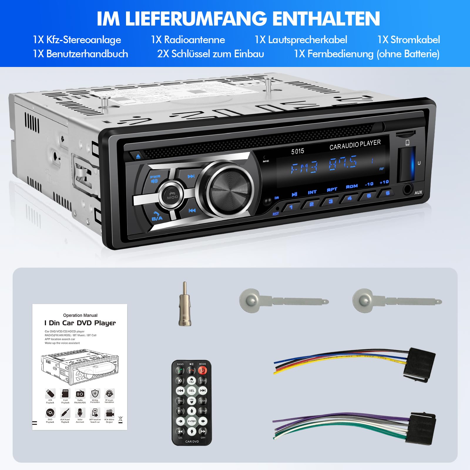 Autoradio mit CD Bluetooth Freisprecheinrichtung, Bluetooth 1 Din Autoradio USB/TF/ MP3 Player/AUX in,FM/AM Auto Radio,RDS,RCA,Auto Finden Funktion,60W*4,Schnellladefunktion