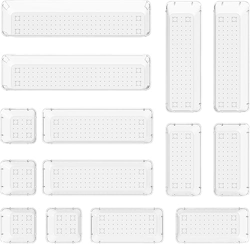 14 separadores modulares de acrílico transparente para cajones y contenedores de almacenamiento, bandejas organizadoras de cajones de plástico