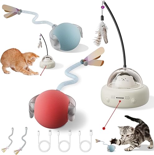Juego de juguetes interactivos para gatos, 1 juguete láser automático con varita de plumas y 2 juguetes de bola para gatos, juguetes recargables 3
