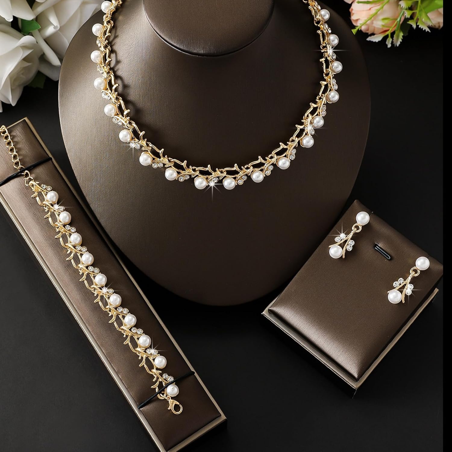 la luen Pearl Bride Wedding Jewelry Set Faux Pearls Crystal Rhinestone Necklace Earrings Bracelet Sets for Women Bridesmaid(3 PCS) - Image 8