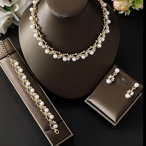 Miniatura 8 de la luen Juego de joyas de boda de perlas de imitación, collar de diamantes de imitación de cristal, aretes, pulseras para mujeres, damas de honor