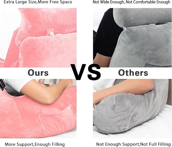SLIGUY Reading Pillow-Bed Rest Pillow with Detachable Neck Roll & Higher Support Arm for Sitting in Bed Couch or Floor-Backrest Reading Pillow Adult Back Pillow for Watching TV/Gaming,Pink