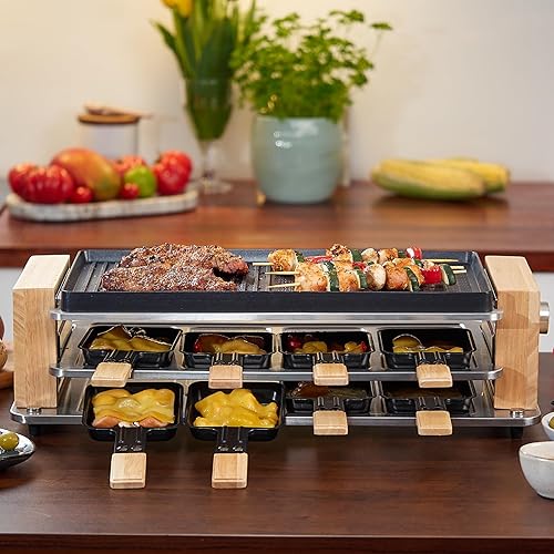Miniatura 6 de CUSIMAX Parrilla eléctrica de mesa Raclette, parrilla interior 2 en 1 con parrilla antiadherente y placa de plancha, parrilla Raclette con marco de