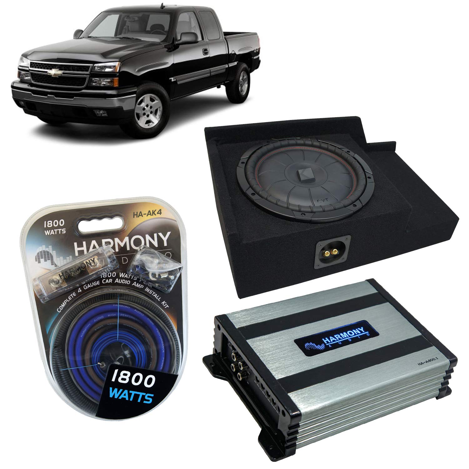 Harmony Audio HA-A400.1 Compatible with Chevy Silverado Extended Cab Truck 1999-2006 Class D Mono 800W Sub Amp, 43CVT102 10" 400W RMS 2 Ohm Sub and 1X10GMNEW Custom 10" Subwoofer Box
