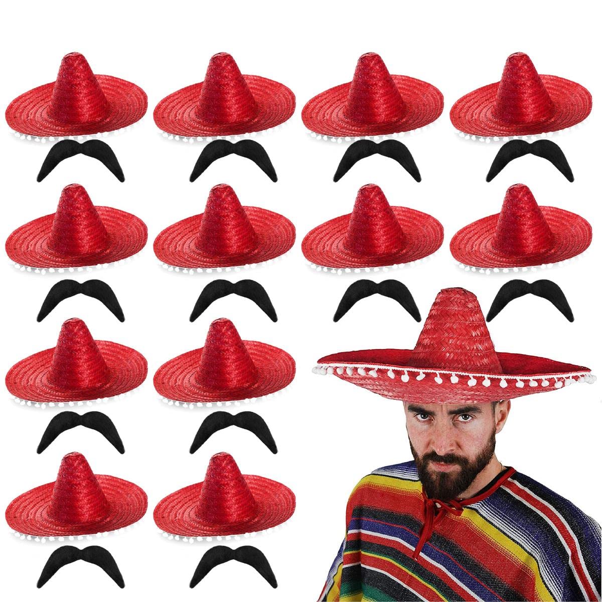 Mexican Sombero with Pom Pom Edges Fancy Dress Accessory With Moustache - Mexican Hat Straw Holiday Stag Night Clubbing Bandito - Red - Pack of 12