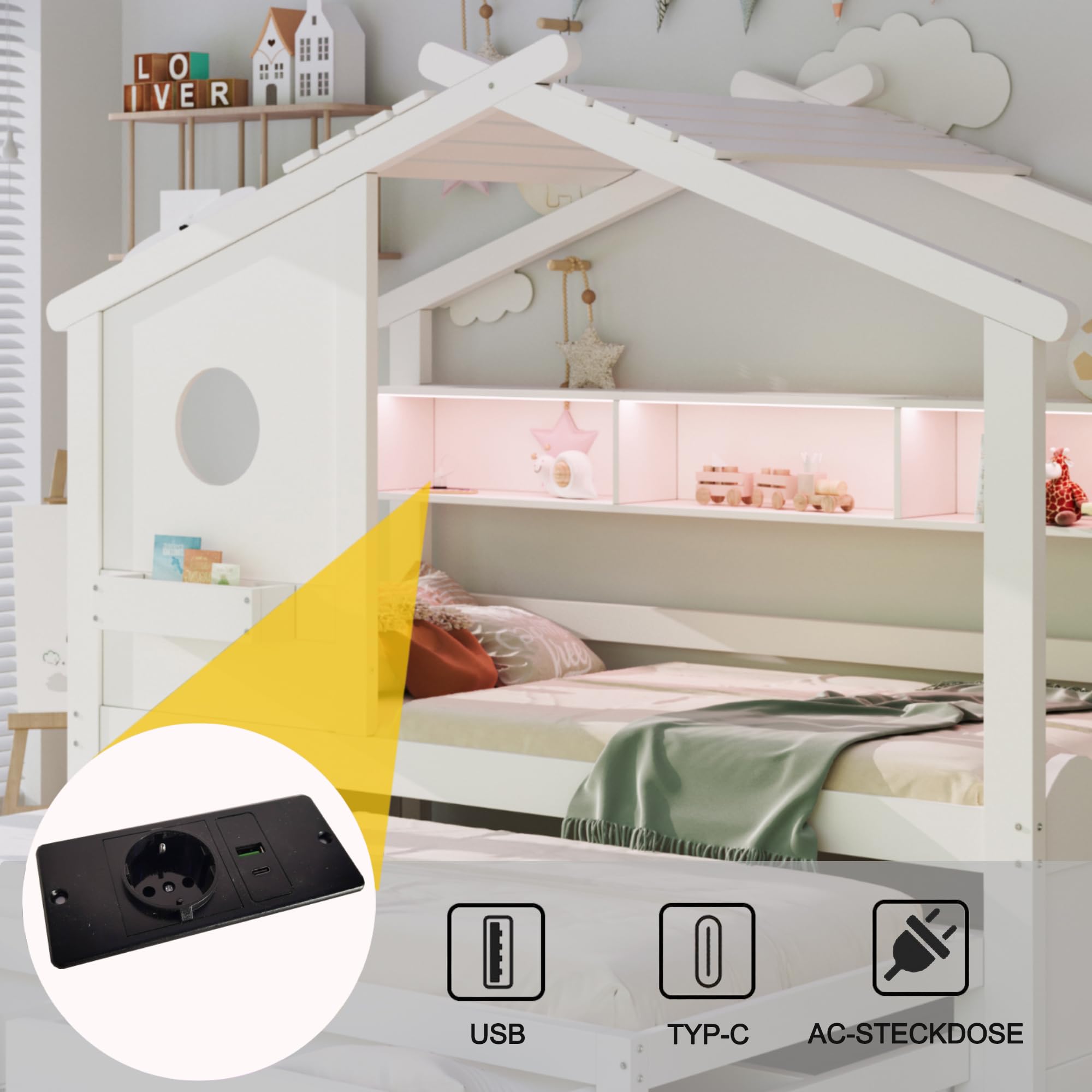 Letto Casetta per Bambini Ragazzi 90x200 con letto estraibile 90x190, Letto a Forma di Casa con LED e Porte di ricarica USB, 2 Cassetti e Ripiani, Struttura letto in Legno Massiccio(Senza Materasso)