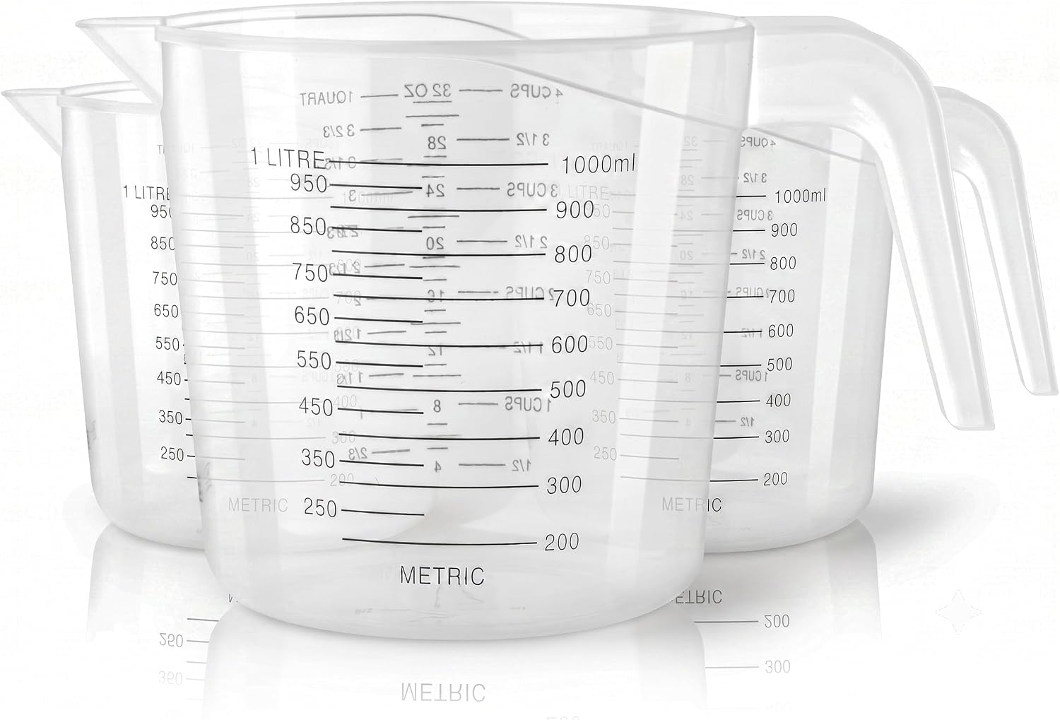 3pc Liquid Measuring Cups Set - 1 Quart | Clear Plastic Measure Cups with Long Handles