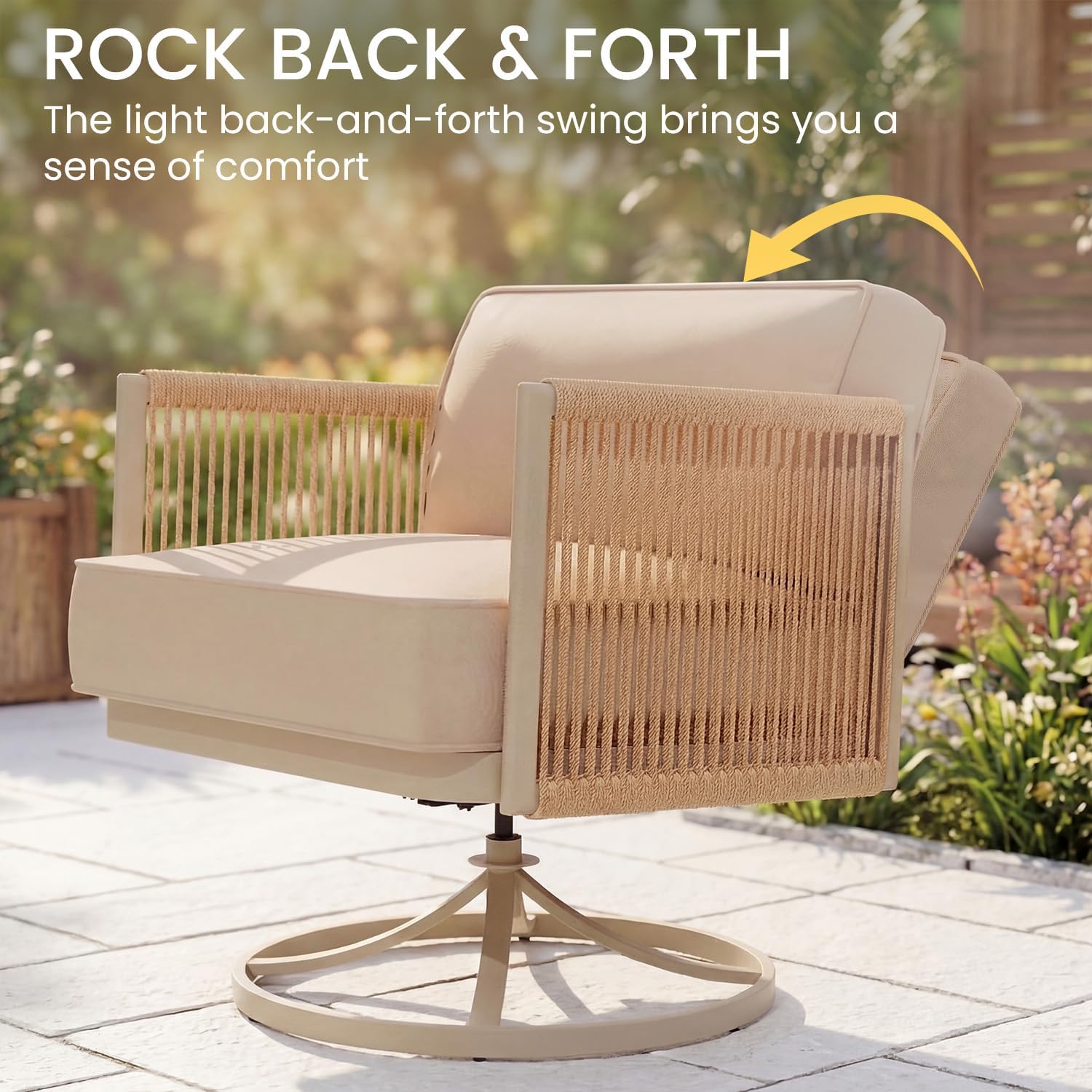 EROMMY 3 Pieces Patio Furniture Set, Outdoor Swivel Glider Rocking Chairs with 6" Thick Cushions & Metal Table, Aluminum Frame Patio Conversation Sets for Backyard, Poolside & Balcony, Beige