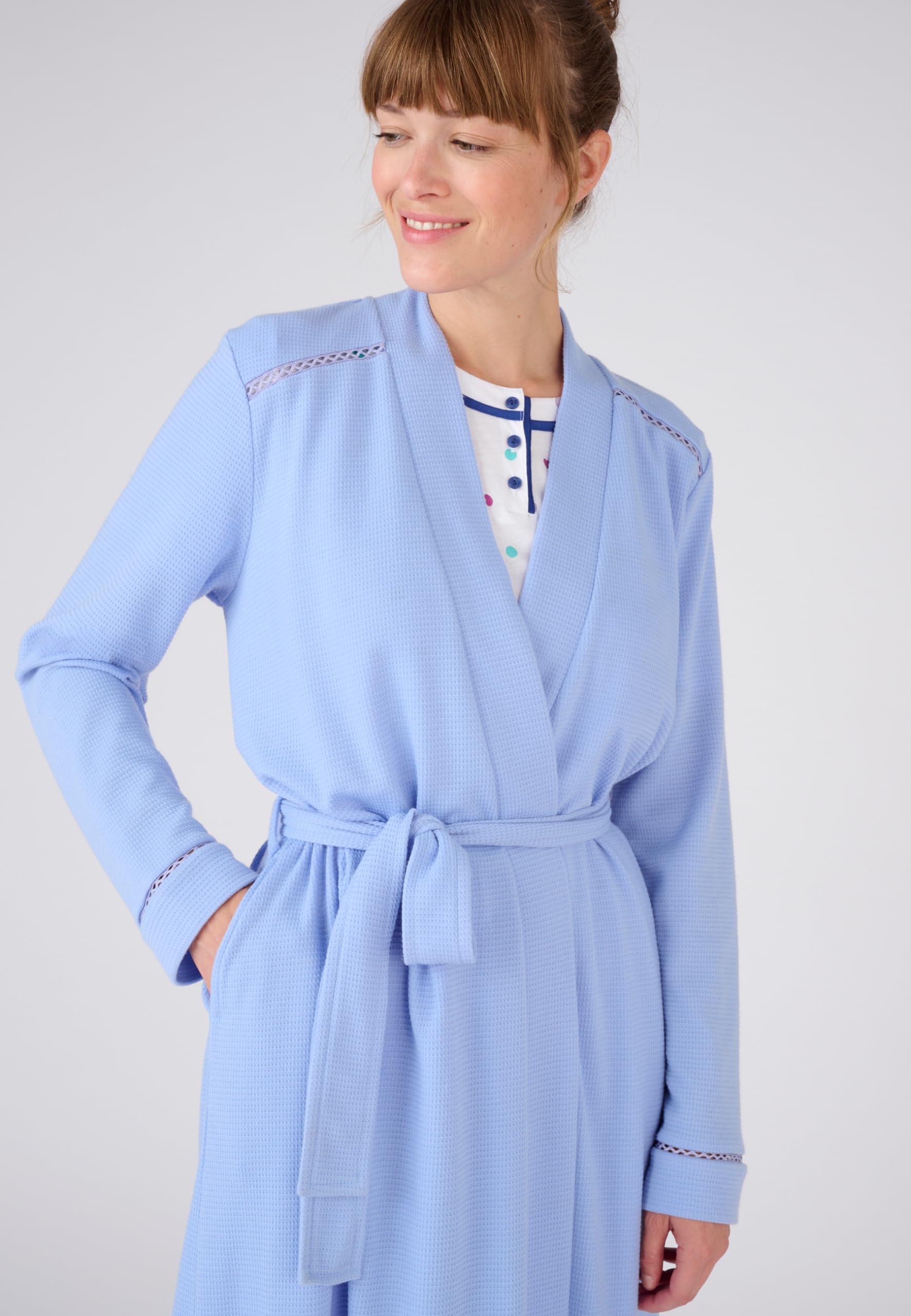 Damart Femme Robe de Chambre | Maille gaufrée, Polyester, Long, Col Châle, Manches longues, Vêtement de Nuit