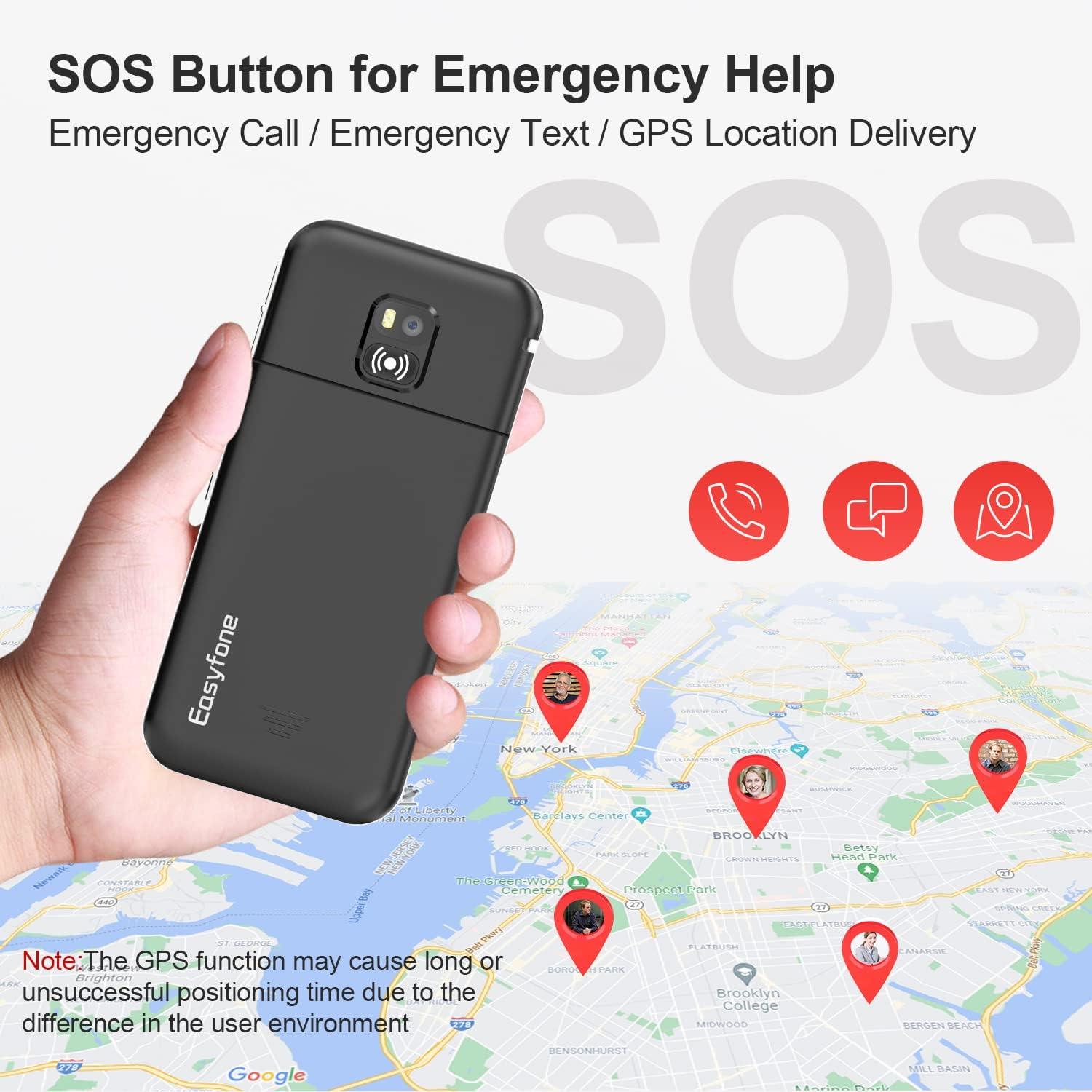 Easyfone T100 Rückseite view Hervorhebung der SOS-Taste für Notrufe mit GPS-Standortübertragung