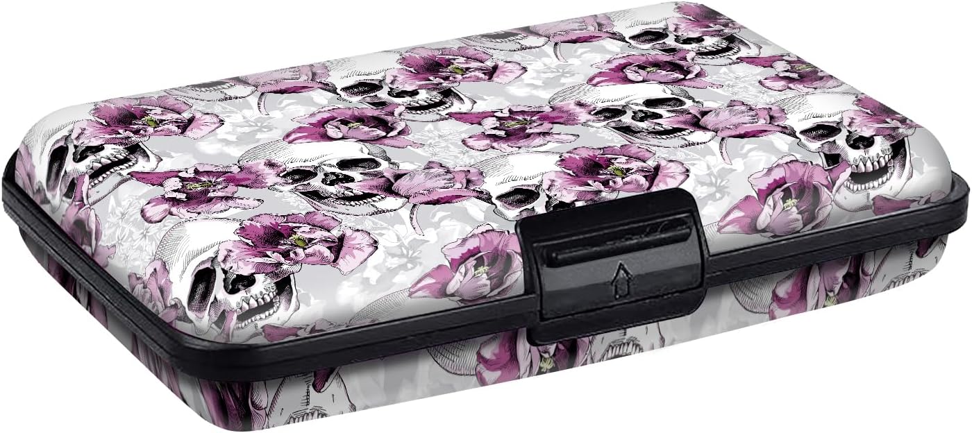 Mini RFID Aluminum Credit Card Holder for Women Men, Slim Business Hard Card Case, Cute Card Wallet ID Case Luxuious Flowers Skull