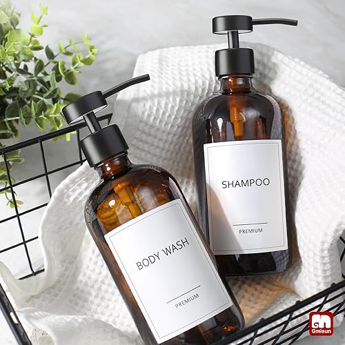 Miniatura 7 de GMISUN Dispensador de jabón de vidrio ámbar, paquete de 2 dispensadores de jabón de manos para baño con bomba plana de acero inoxidable, dispensador