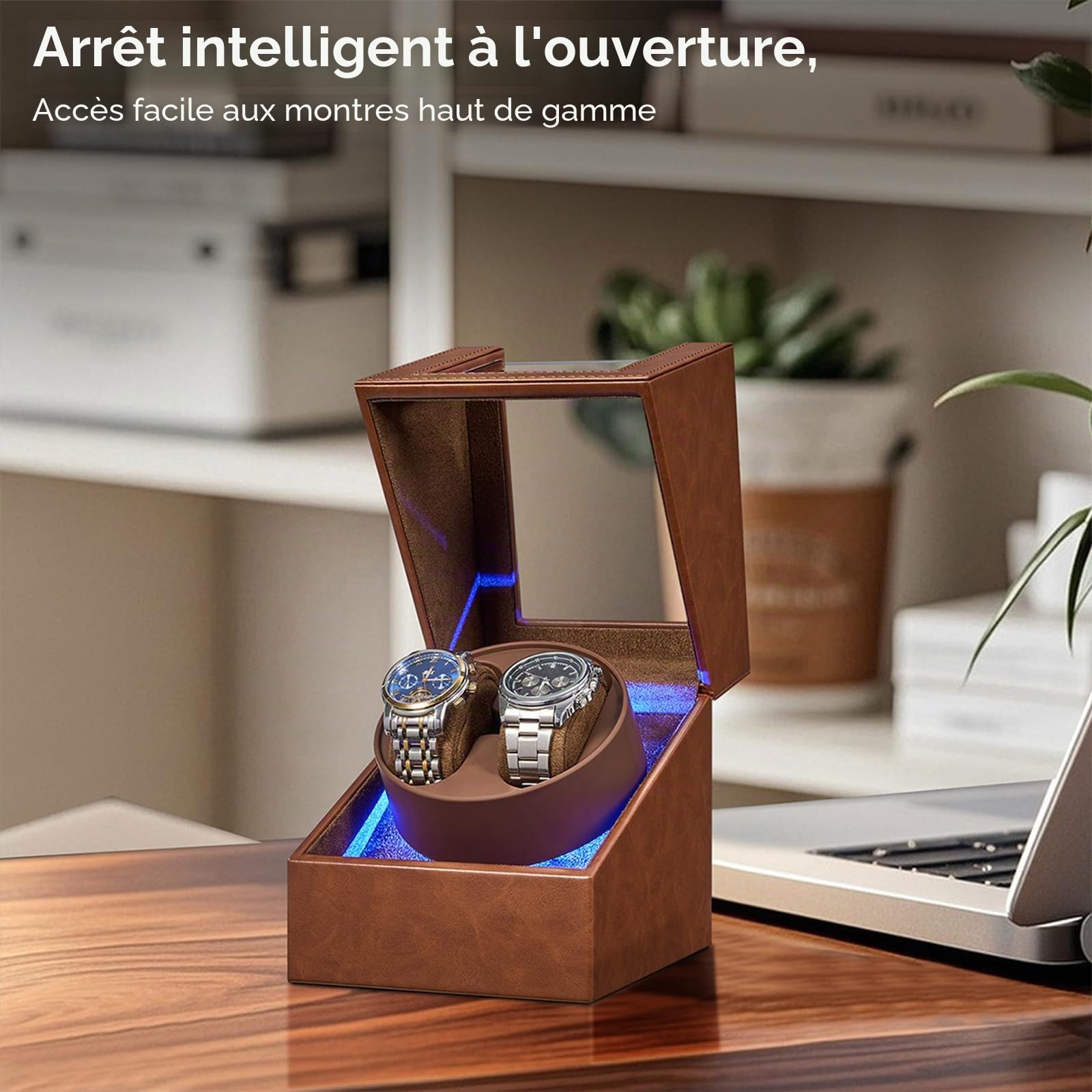 BEWISHOME Remontoir Montre Automatique, Double Remontoir avec éclairage LED 4 Modes, boîte Montre Automatique avec Moteur Japonais Silencieux, Adaptateur de Type C ou Alimentation par Piles, ESYQ02Z