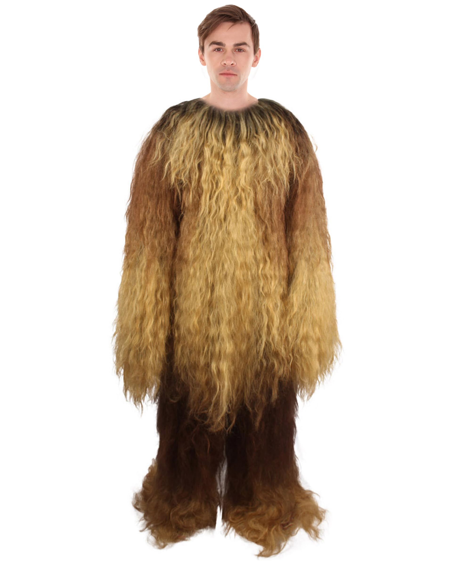 HPO Adult Unisex Long Hairy Warrior Ape Costume - Military Leader Fighter Vest & Pant | Halloween Yeti Gorilla Outfit, Brown - Medium