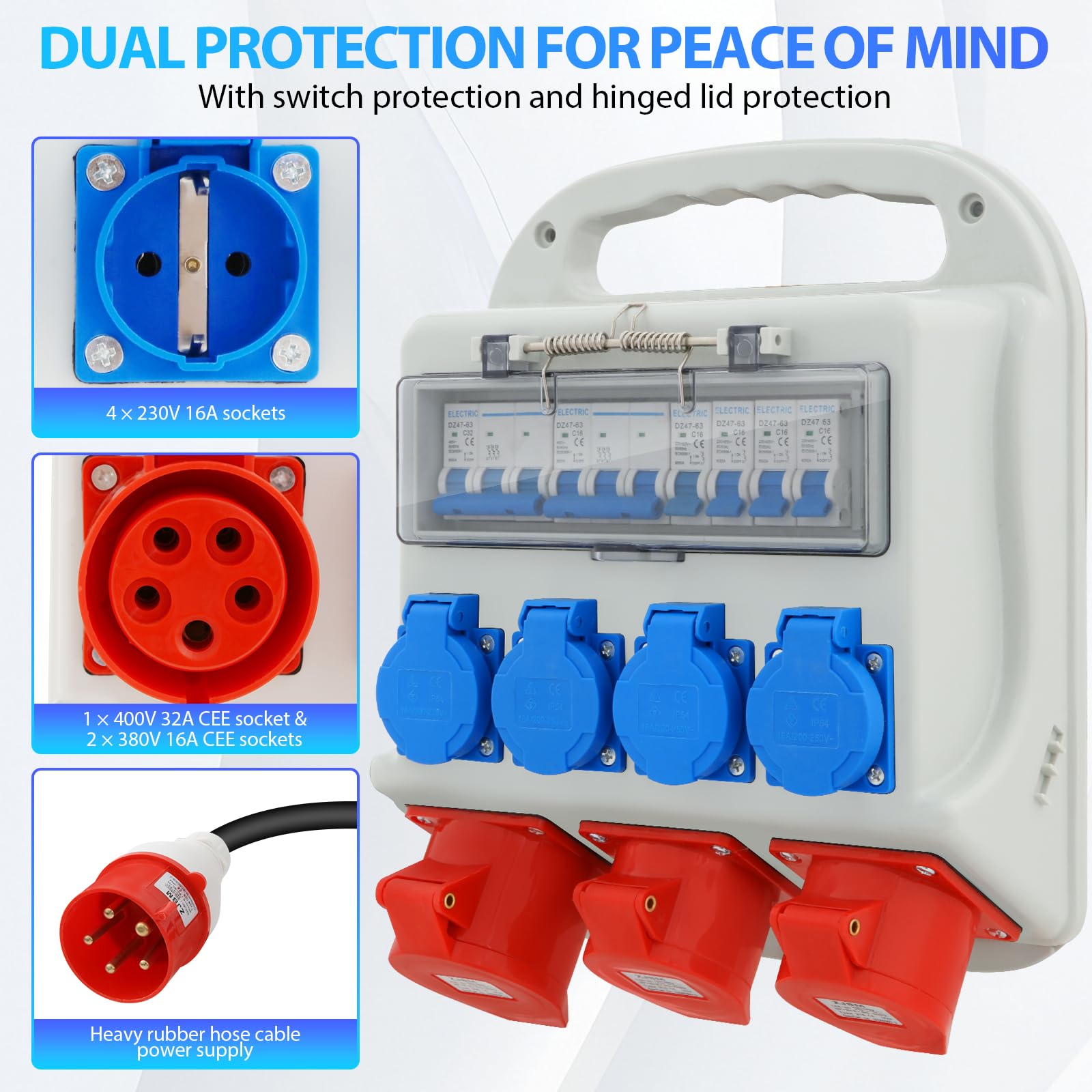 Distribuidor de Corriente para la Construcción 32 A 4 x 230 V + 2 x 16 A 400 V CEE + 1 x 32 A 400 V CEE, Protección Integral IP54, Distribuidor de pared con Tapa Abatible de Seguridad y Cable
