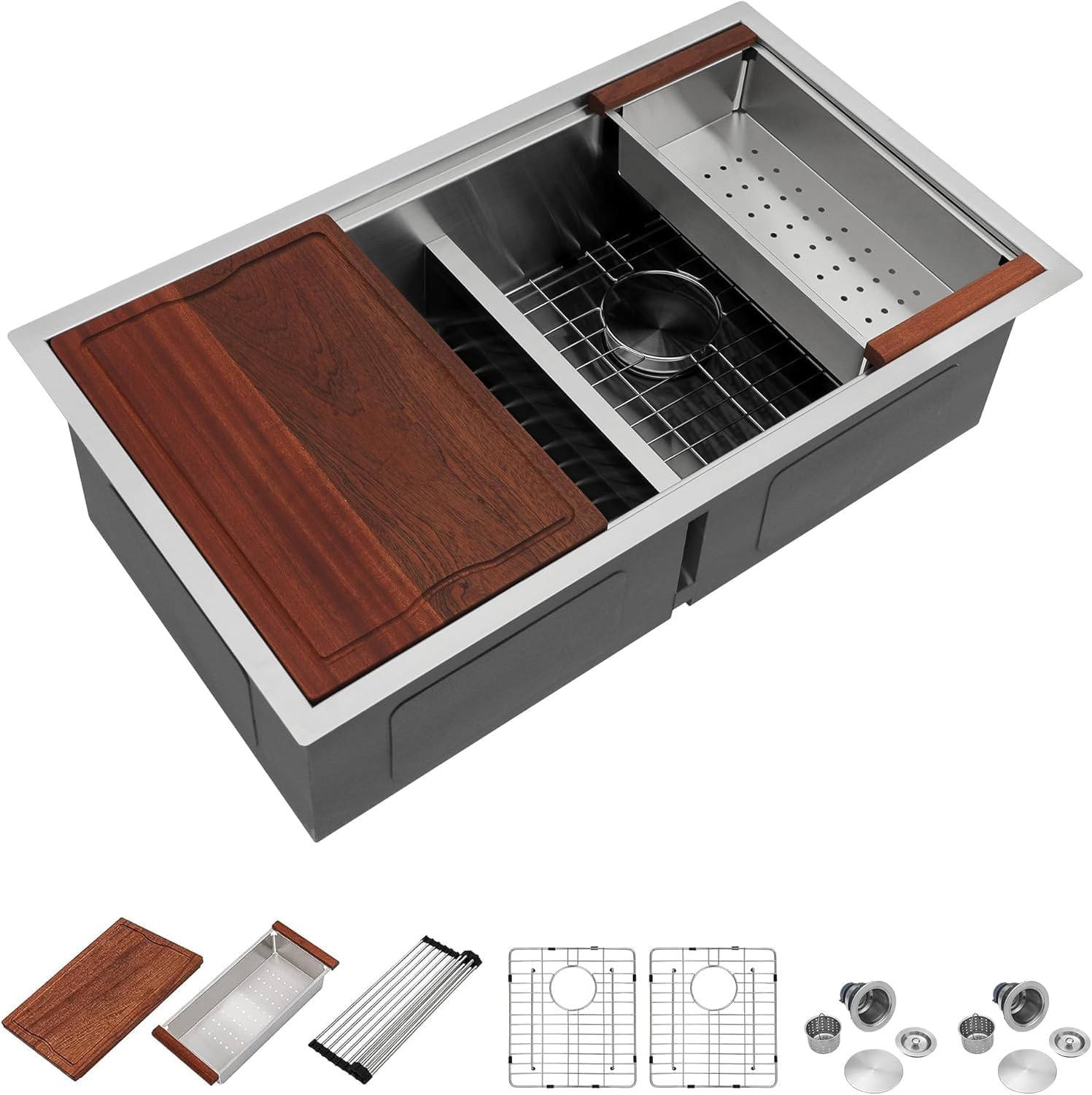Dcolora 33 Inch Workstation Sink 50/50 Double Bowl Undrmount 16 Guage Stainless Steel Low Divided Ledge Kitchen Sink,DC-FD5217