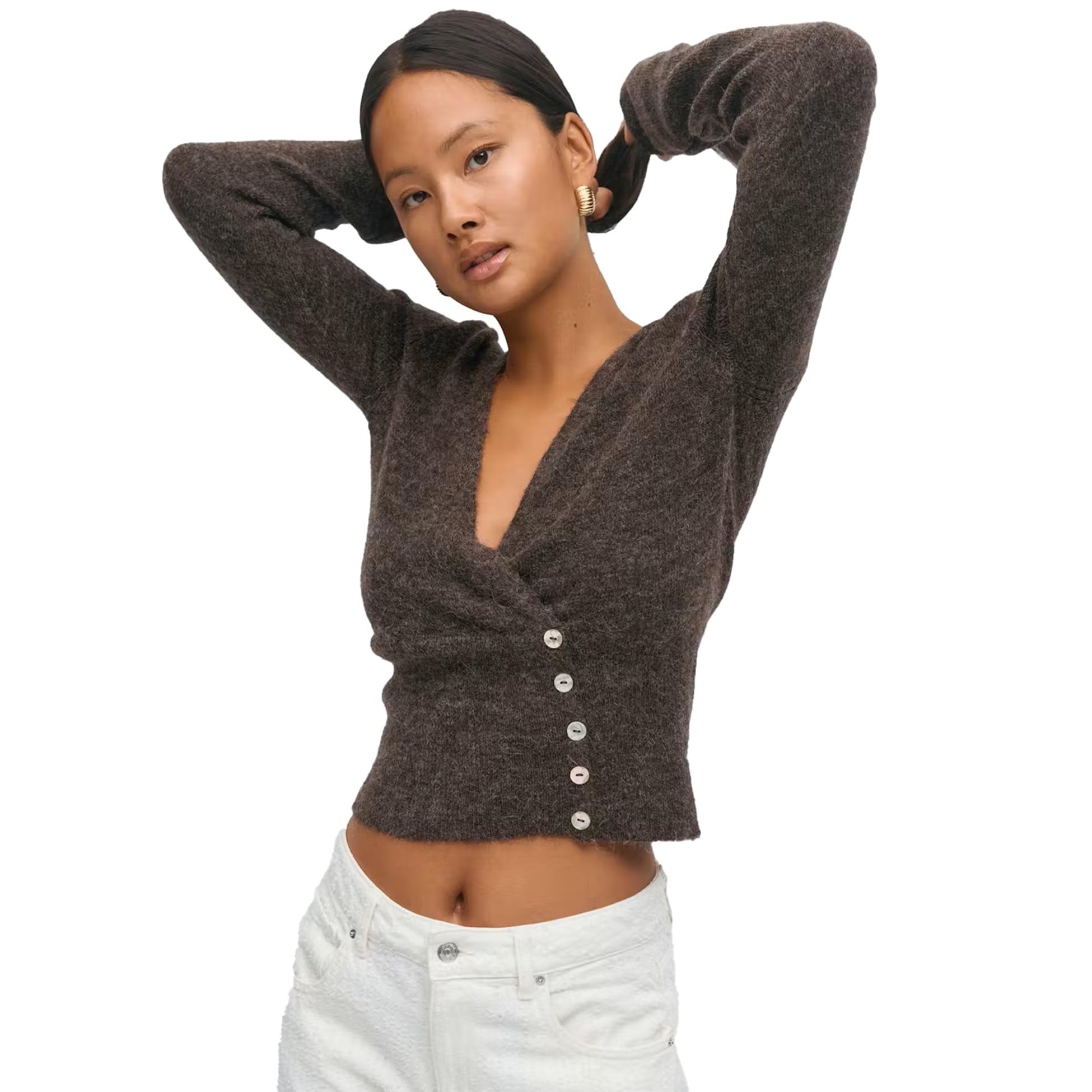 Women V Neck Wrap Sweater Pullover Long Sleeve Side Button Slim Fit Crop Knit Cardigan Fall Casual Elegant