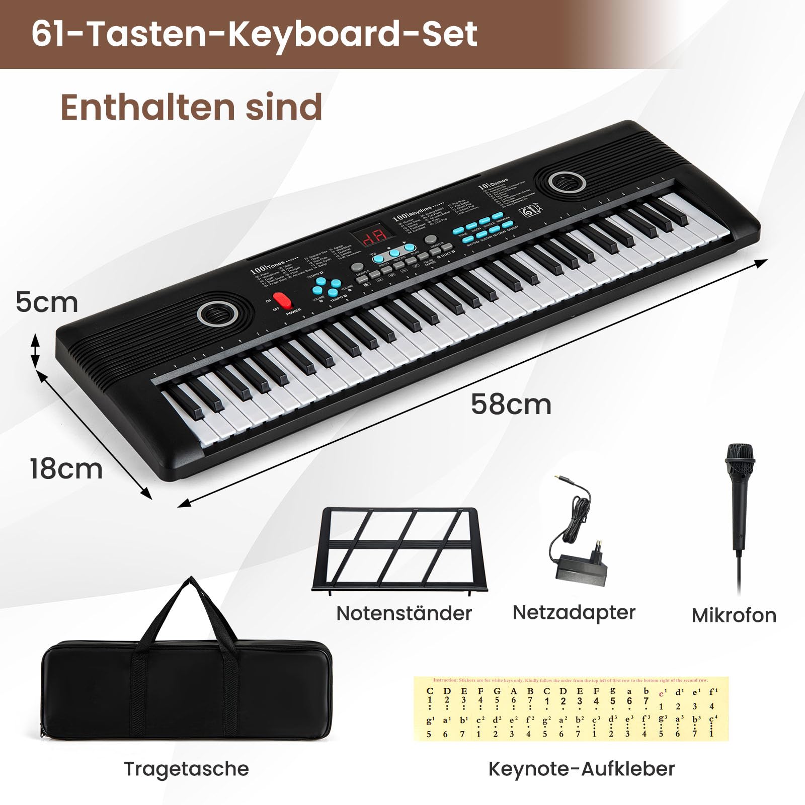 COSTWAY Keyboard Piano 61 Tasten, Digital Piano mit Ständer & Mikrofon & Tragetasche, E-Piano für Einsteiger, Klavier für Kinder und Anfänger