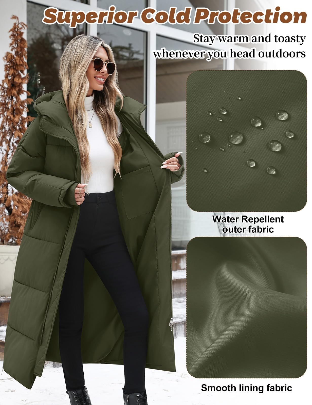 Vancavoo Abrigo Acolchado Mujer Invierno Chaqueta con Capucha | Parka Cálida con Cremallera de Doble Cursor, Aberturas Laterales con Zip y Bolsillos Laterales