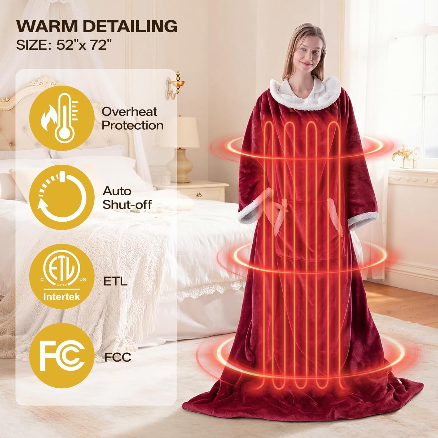 Wearable Heated Blanket with Foot Pocket, Wearable Electric Throw Blanket with Sleeves, Flannel & Sherpa Heated Throw Blanket with 6 Heat Settings, 1-12 Hours Auto Shut-Off, 52"x72", Red