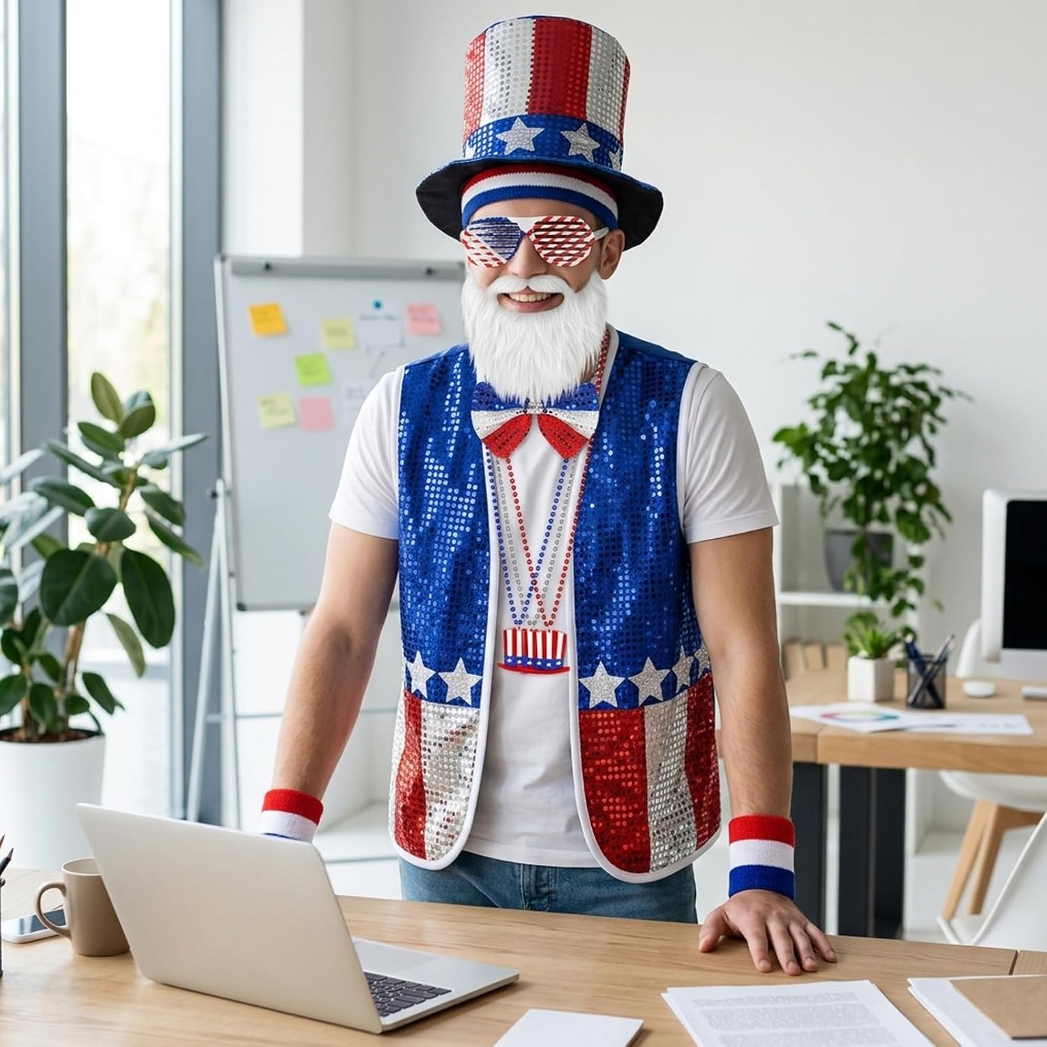 11 Pcs 4th of July Outfits, 4th of July Costume Patriotic Costume Accessories Set with American Patriotic Hat American Flag Headband Wristbands Vest Usa Sunglasses Necklaces Bow Ties Beard