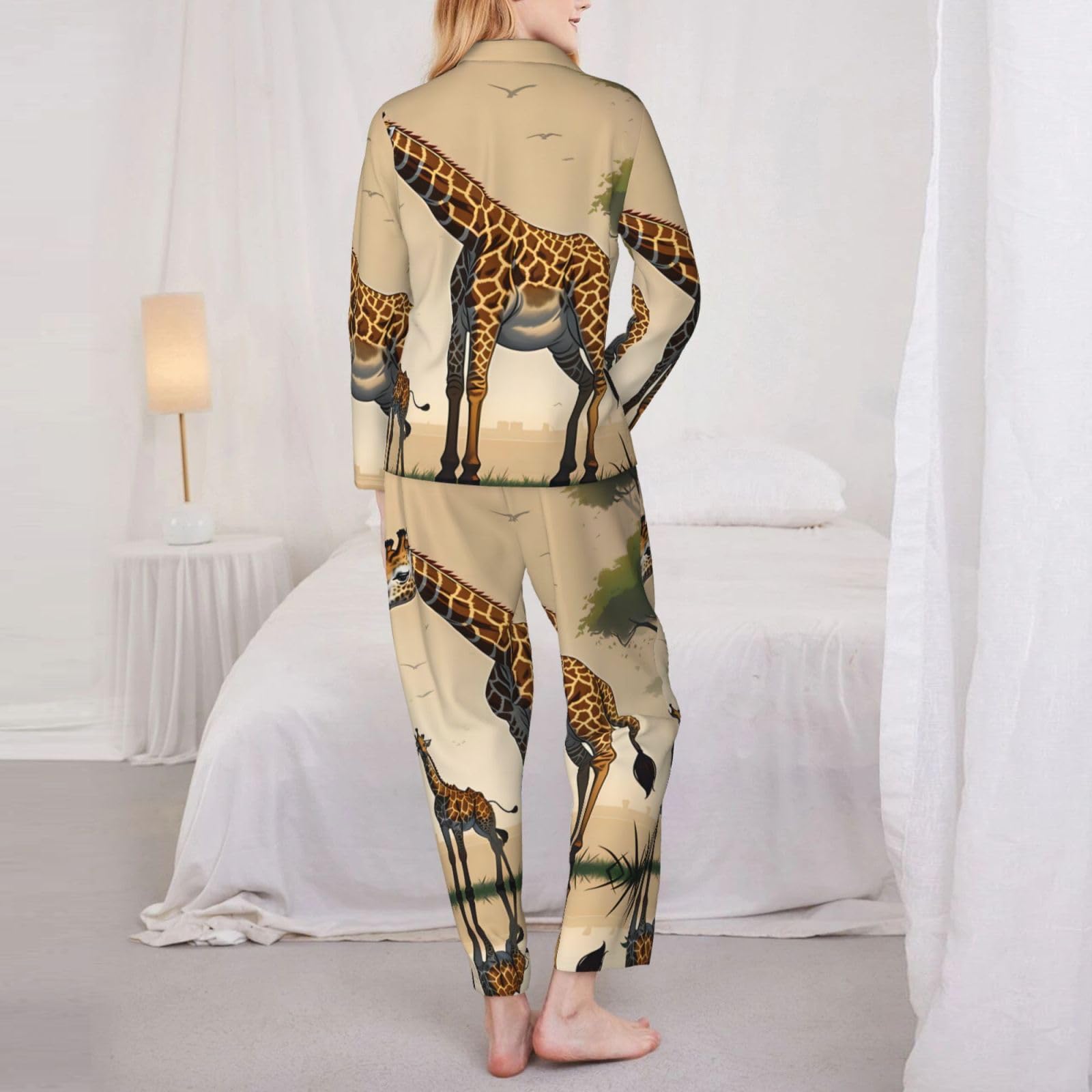 Pigiama da donna con stampa giraffa madre e bambino a maniche lunghe - Morbido e caldo abbigliamento da casa autunno/inverno -