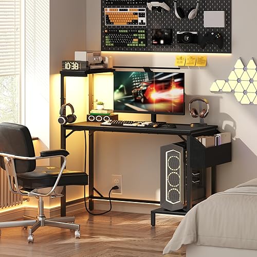 Miniatura 9 de Escritorio para videojuegos, escritorio de computadora con estación de carga y luz LED, escritorio pequeño para PC con bolsa de almacenamiento