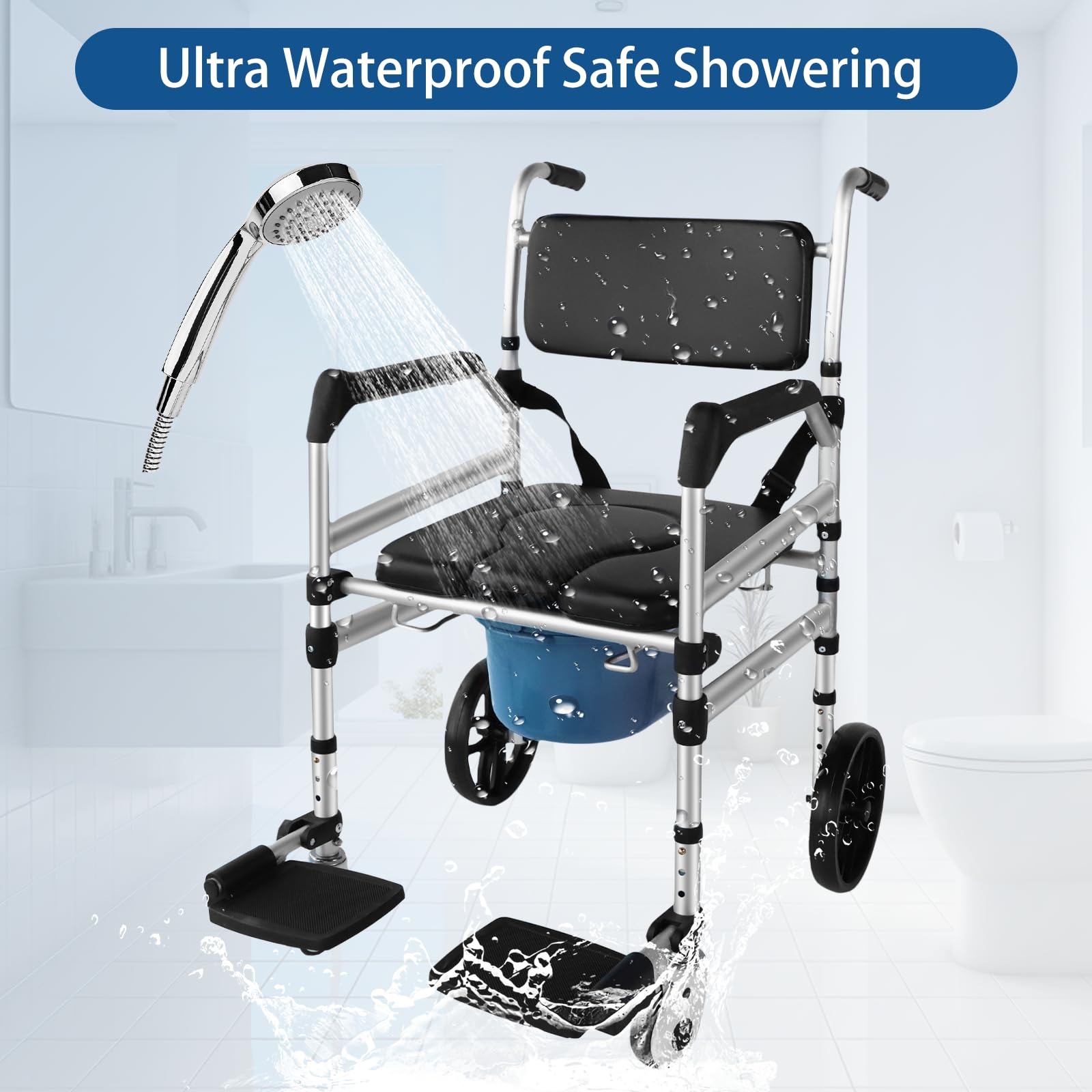 Eosprim sedia a rotelle con wc, comoda wc per anziani，wc water per disabili，vaso da notte per anziani，sedia wc per doccia anziani，rialzo per wc disabili ruote，wc portatile per anzianib (Nero)