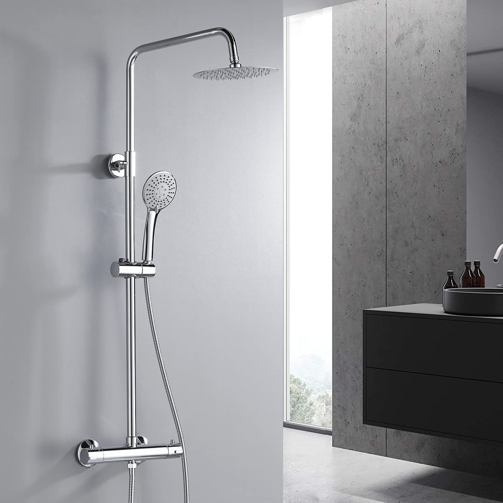 Buy NewEast Thermostat Shower System, Chrome Thermostatic Shower Mixer Set with Overhead Rain