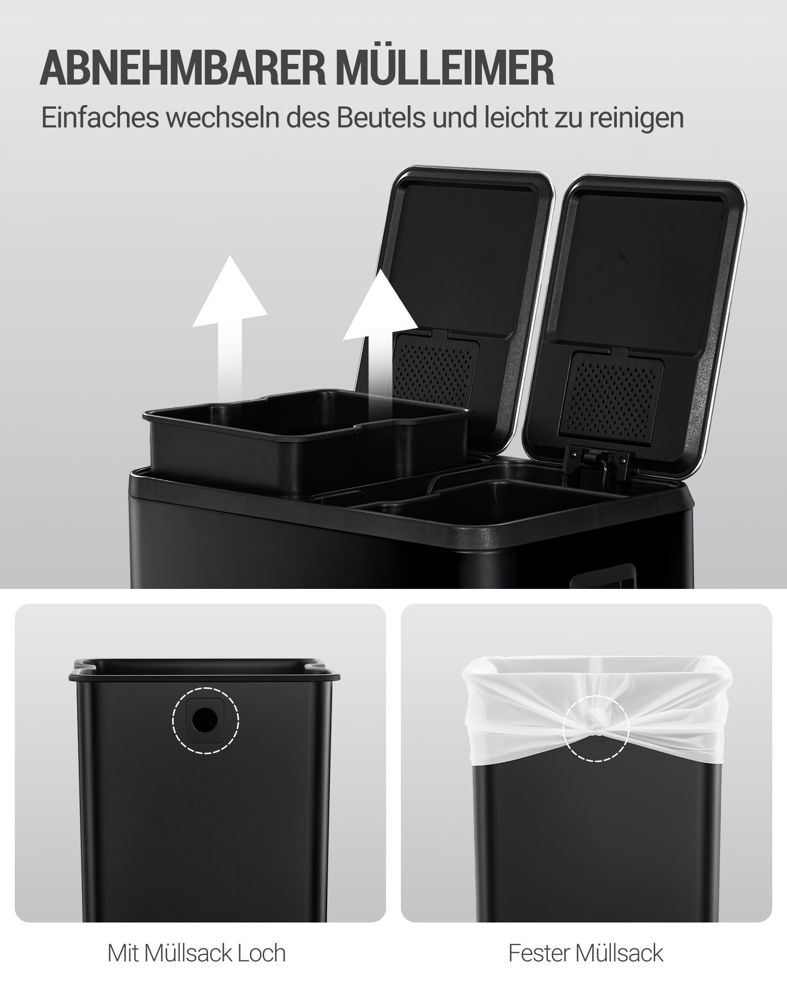 Hzuaneri Mülleimer Küche, Mülltrennsystem 2 Fächer 60L (2 x 30 L), Edelstahl-küchenmülleimer, Tretmülleimer mit Farbcodierbaren Pedalen, Abfalleimer Ruhiger Langsamer Abstieg, Schwarz SW23099B