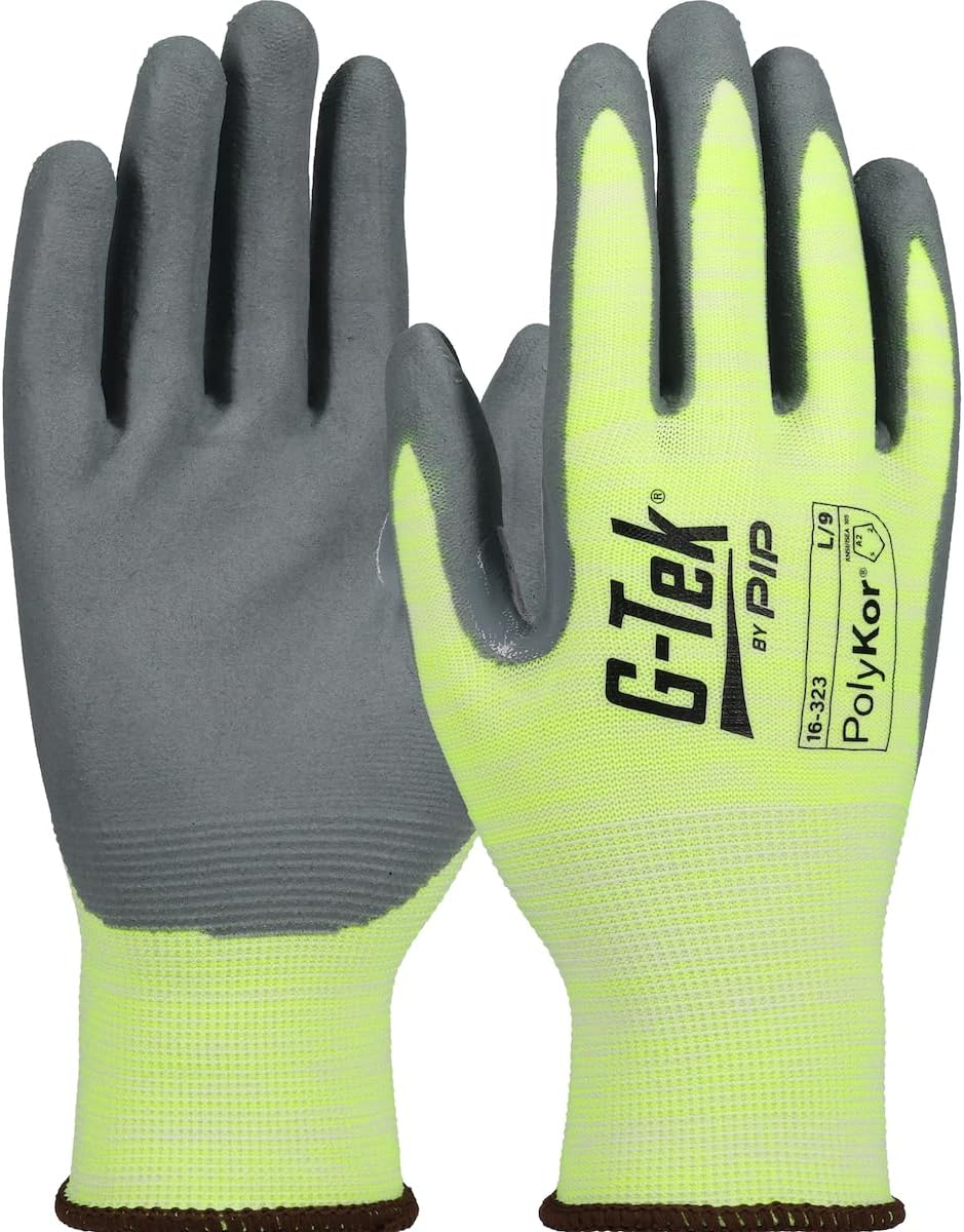 G-Tek 16-323/L, Hi-Vis Seamless Knit PolyKor® Blended Glove with Nitrile Coated Foam Grip on Palm & Fingers