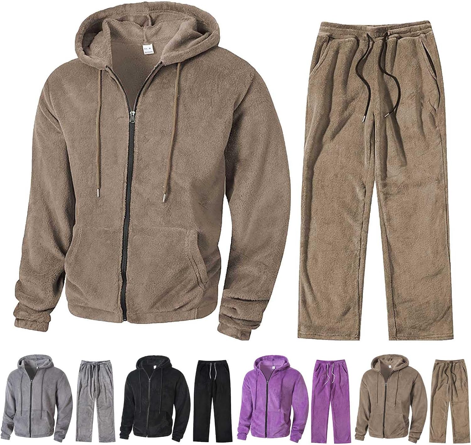 Cambkatl Hooded Fuzzy Lounge Sets for Men Zip Up Fleece Sweatshirt Matching Pants 2 Piece Tracksuit Workout Outfits