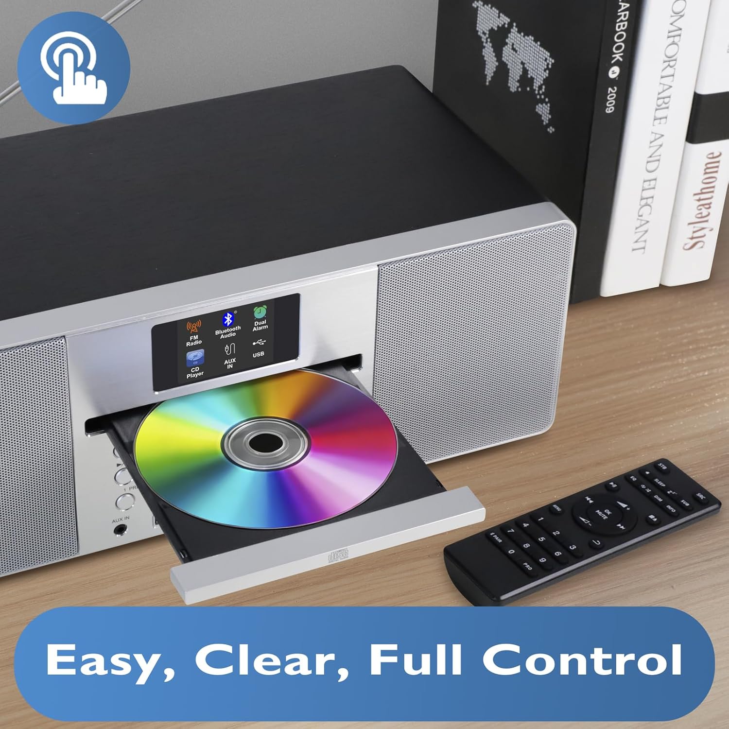 MS1 CD Player, FM Radio, Bluetooth Streaming, Powerful Stereo HiFi System, Full Colour Display, 60 Presets, Remote, Acoustic Wooden Cabinet, AUX in, USB Playback and Charging, HP Jack, Black