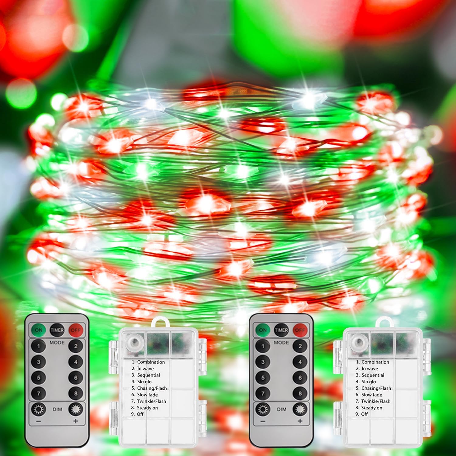 Christmas Lights Red White Green String Lights, 2 Pack