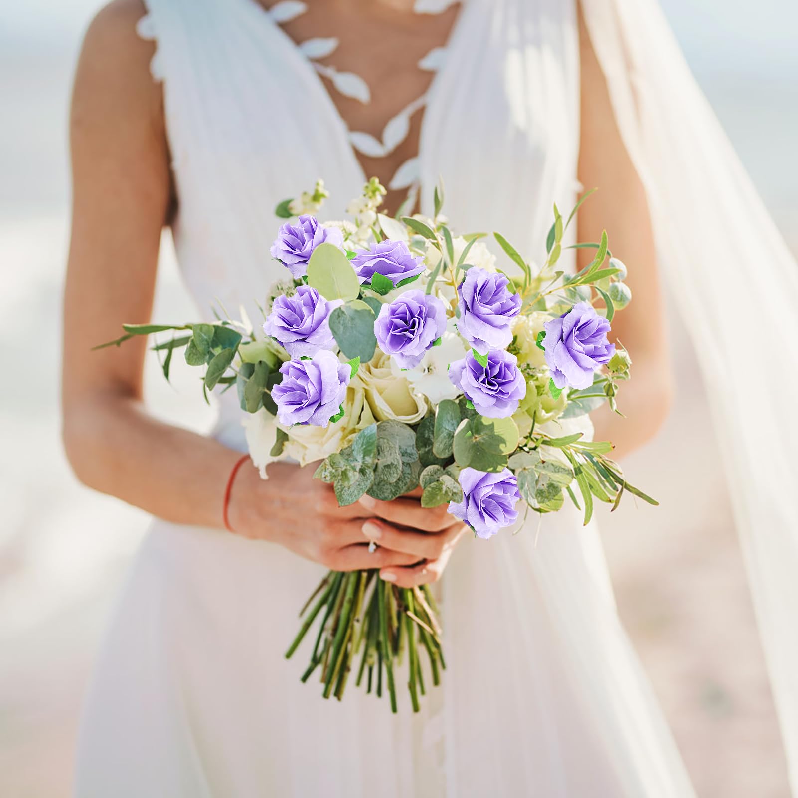 HXMJIED 50 Stück realistische künstliche lila Rosenblüten Köpfe für Hochzeit, Party, Album & Gartendekoration, Basteln