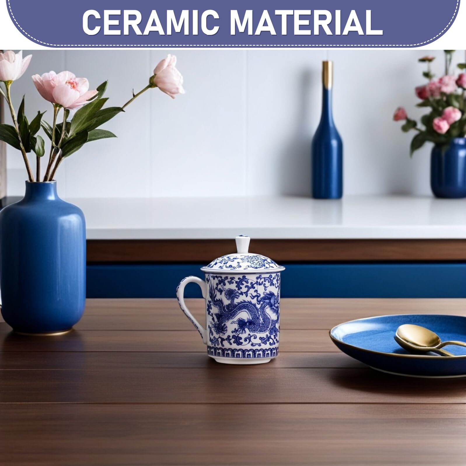 Gatuida Taza de Azul y con Tapa Diseño Retro Gran Capacidad para Café y Té Multipropósito para Hogar y Oficina