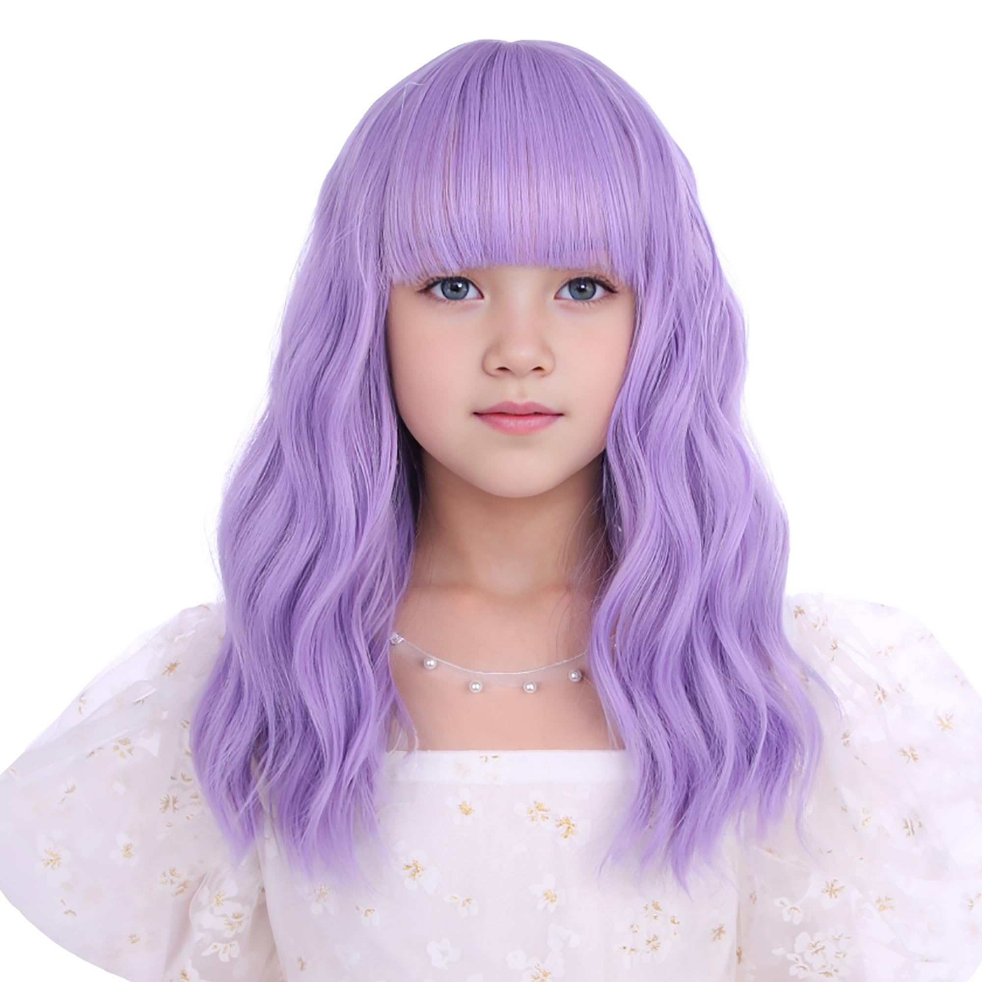 Edivd Kids Light Purple Wig Short Purple Wig with Air Bangs for Girls Short Wavy Curly Lavender Wigs for Child Heat Resistant Synthetic Wigs with Cap