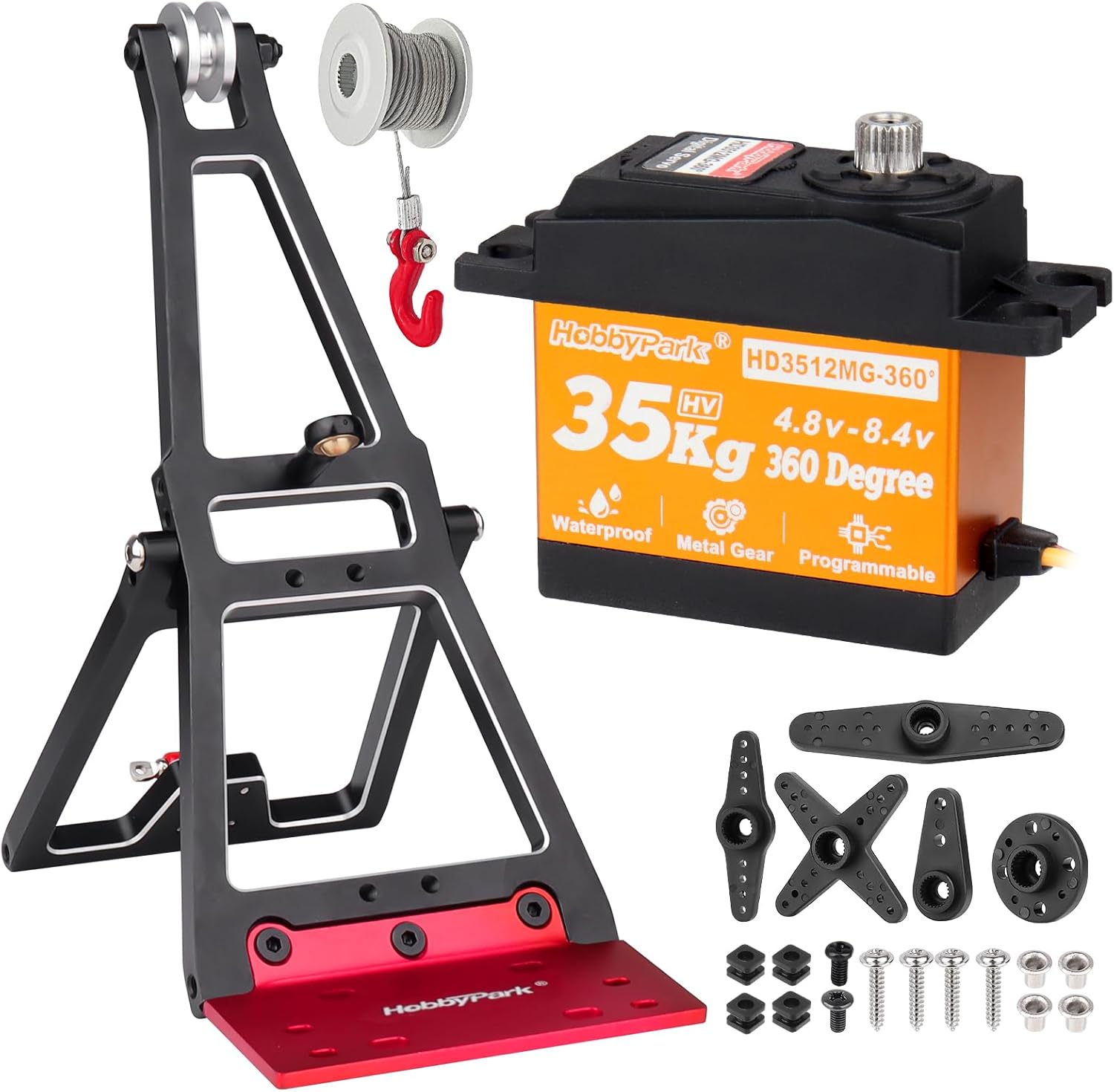 Hobbypark 360 Waterproof 35KG RC Winch Servo & Tow Truck Crane Kit Stent Rescue Set Aluminum for 1/10 SCX10 TRX4 RC Crawler and Trailer RC Upgrades Parts (w/Black Bracket Mounting)